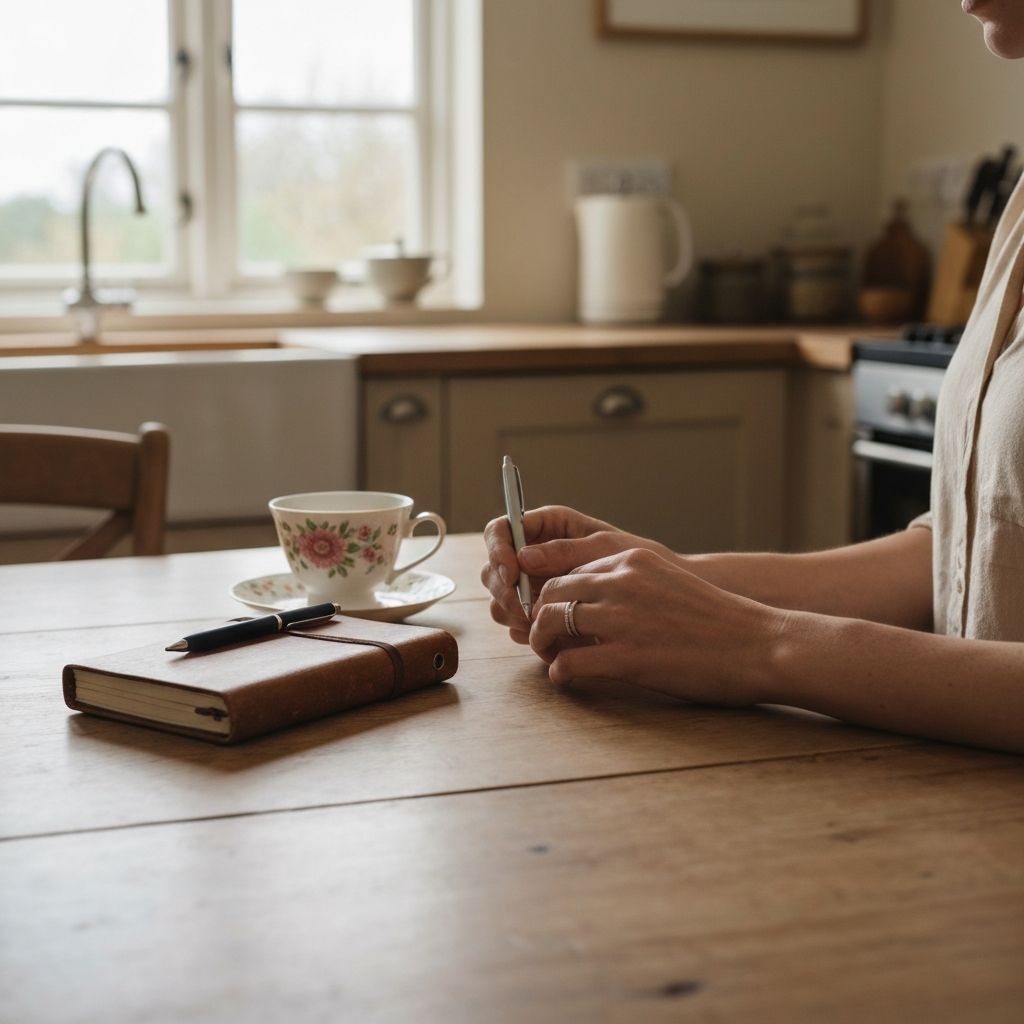 Hands planning a simple meal at a wooden kitchen table with notebook and pen, cup of tea nearby
