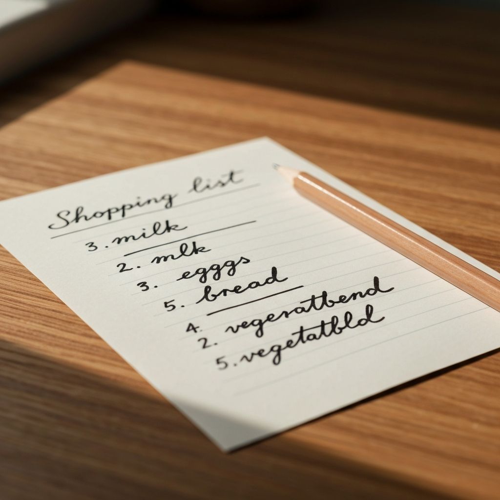 Handwritten shopping list on lined paper with pencil on warm wooden surface, natural morning light
