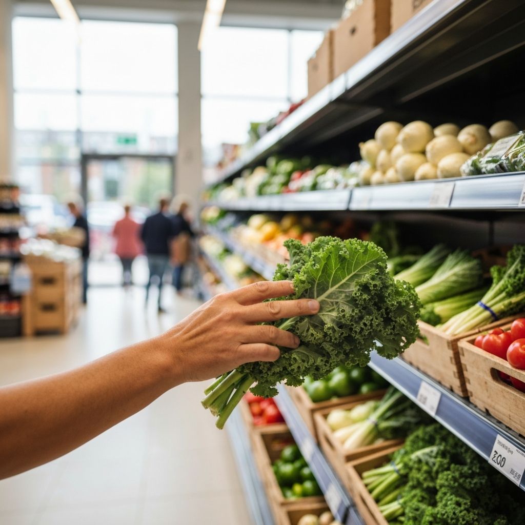 Hand reaching for fresh vegetables on a grocery store shelf in a contemporary British supermarket